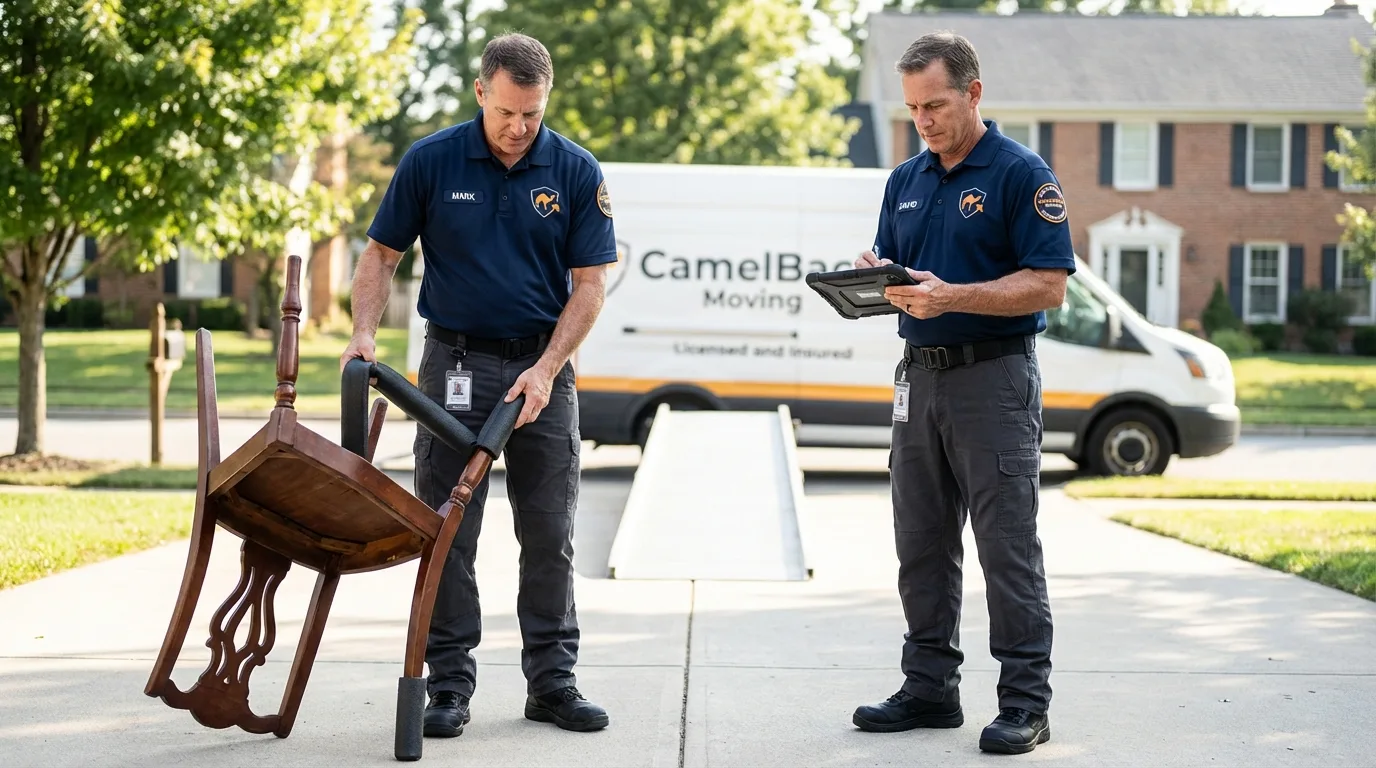 Movers inspecting furniture for damage prevention before loading in Clayton, GA